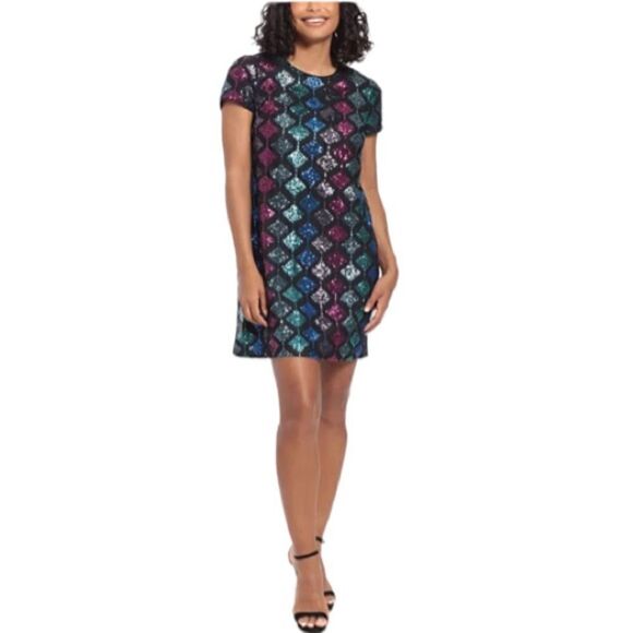 London Times Short Sleeve A-Line Dress in Black/Multi-Color Sequins, Sz 8P. NWT! - Picture 1 of 16